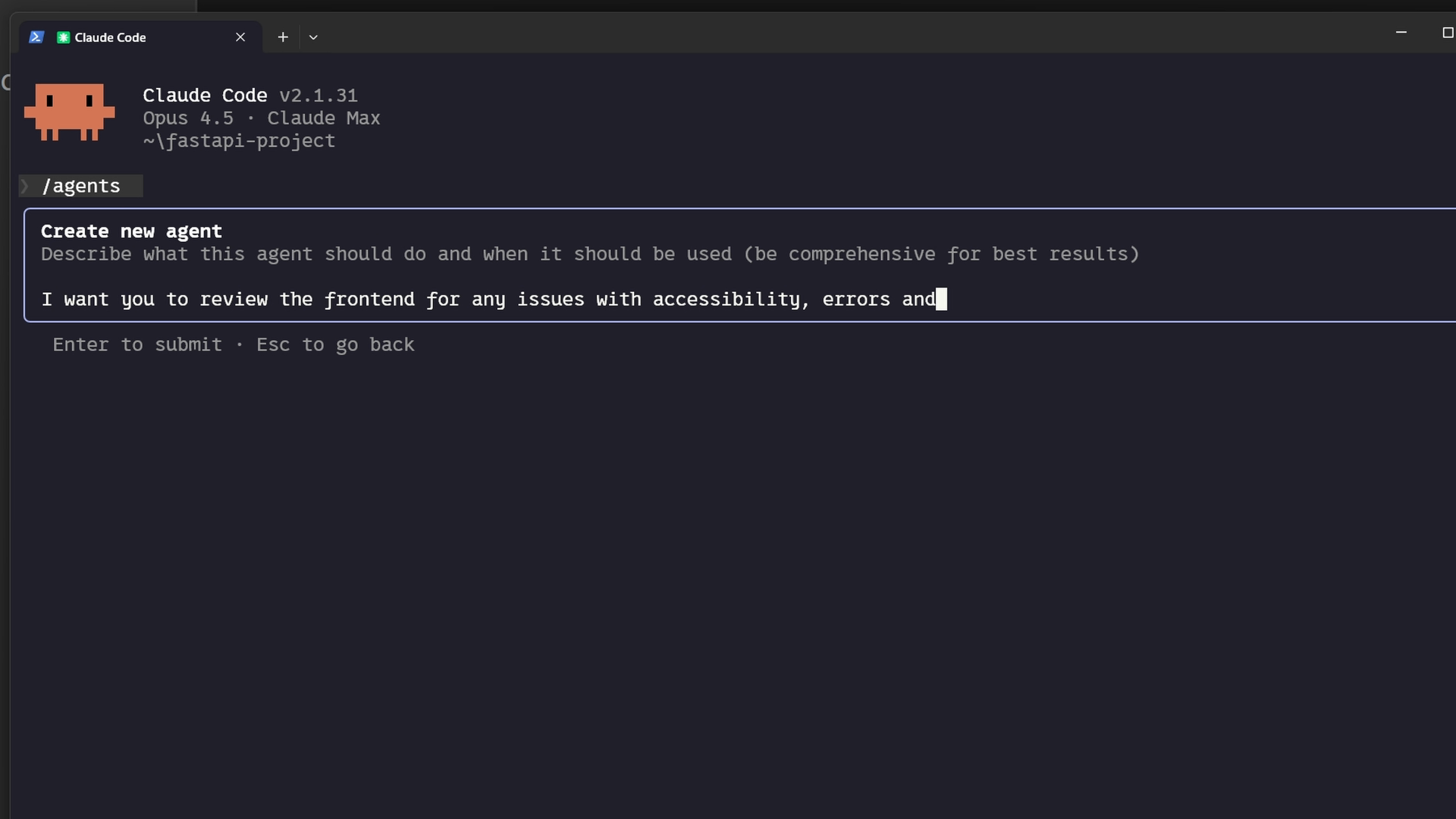 Claude Code /agents: Create new agent dialog with description of role and when to use it